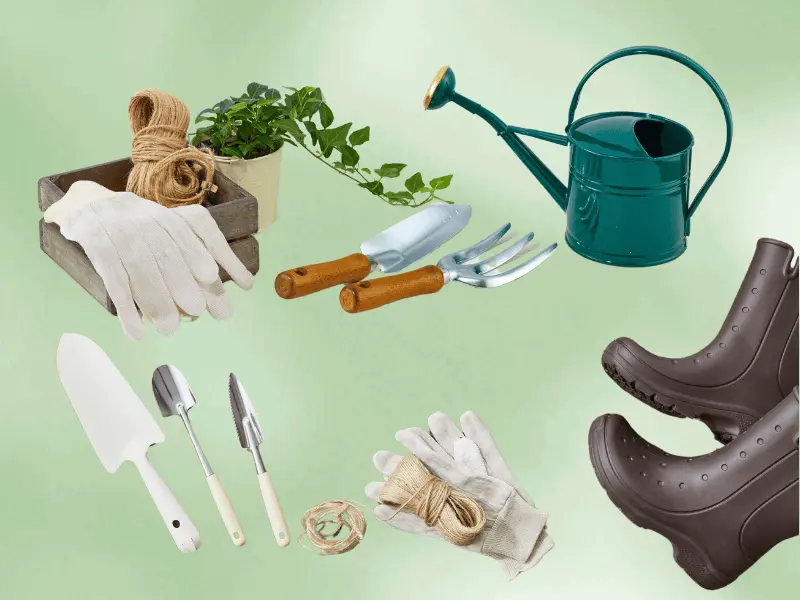 Gardening gloves, shovel, watering can and boots.
