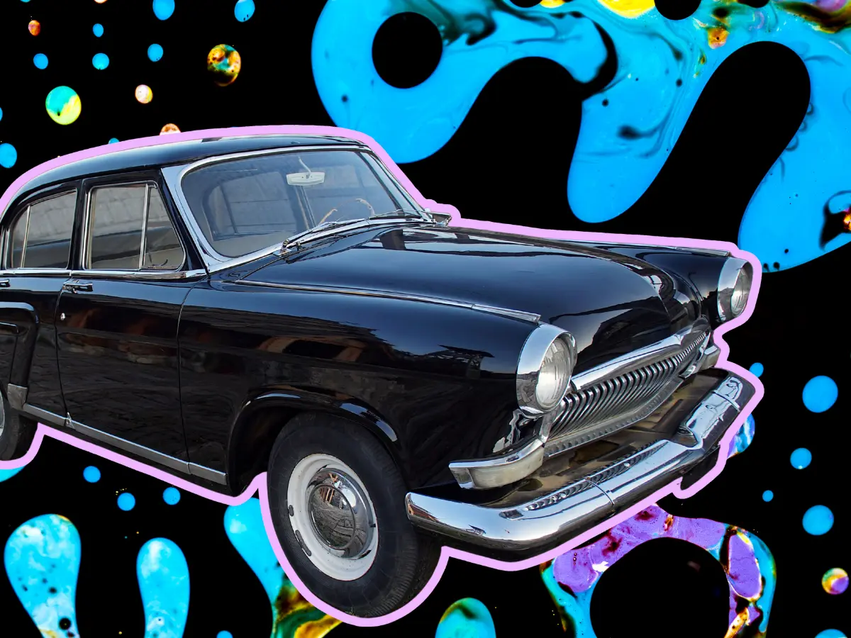 Popart Visual of Black Oldtimer Car with neon pink and blue color outlines