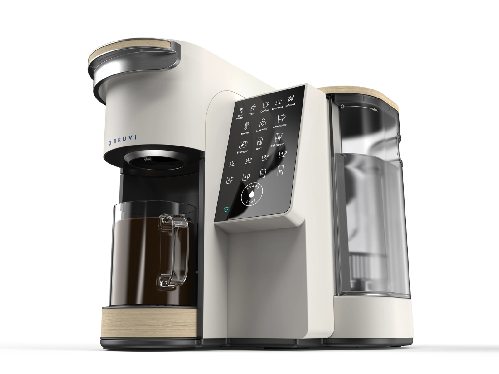 Bruvi single-serve coffee maker on a kitchen counter with multiple drink options including espresso, iced coffee, black coffee, and matcha.