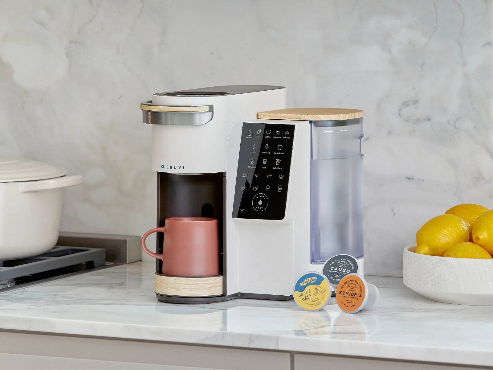 Bruvi Coffee Maker on a kitchen counter for best single serve coffee with pods.