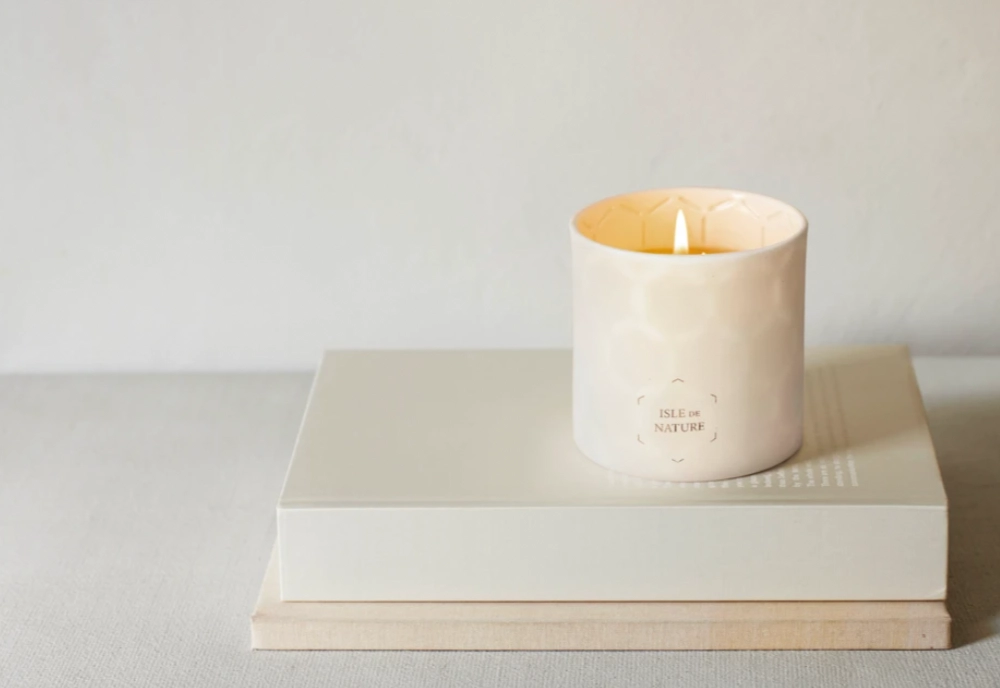 Isle de Nature Pagua Bay candle with handmade ceramic vessel and tropical fragrance