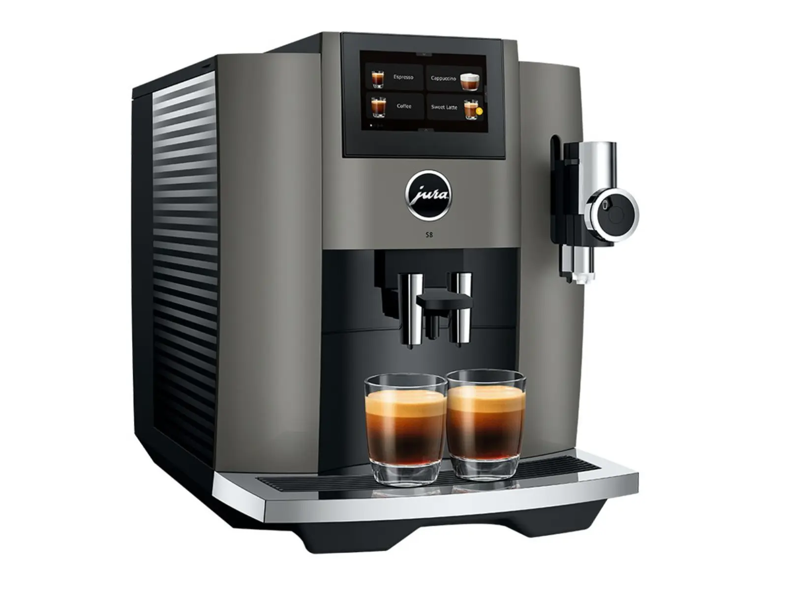 JURA S8 Automatic Coffee Machine with 27 coffee specialties displayed