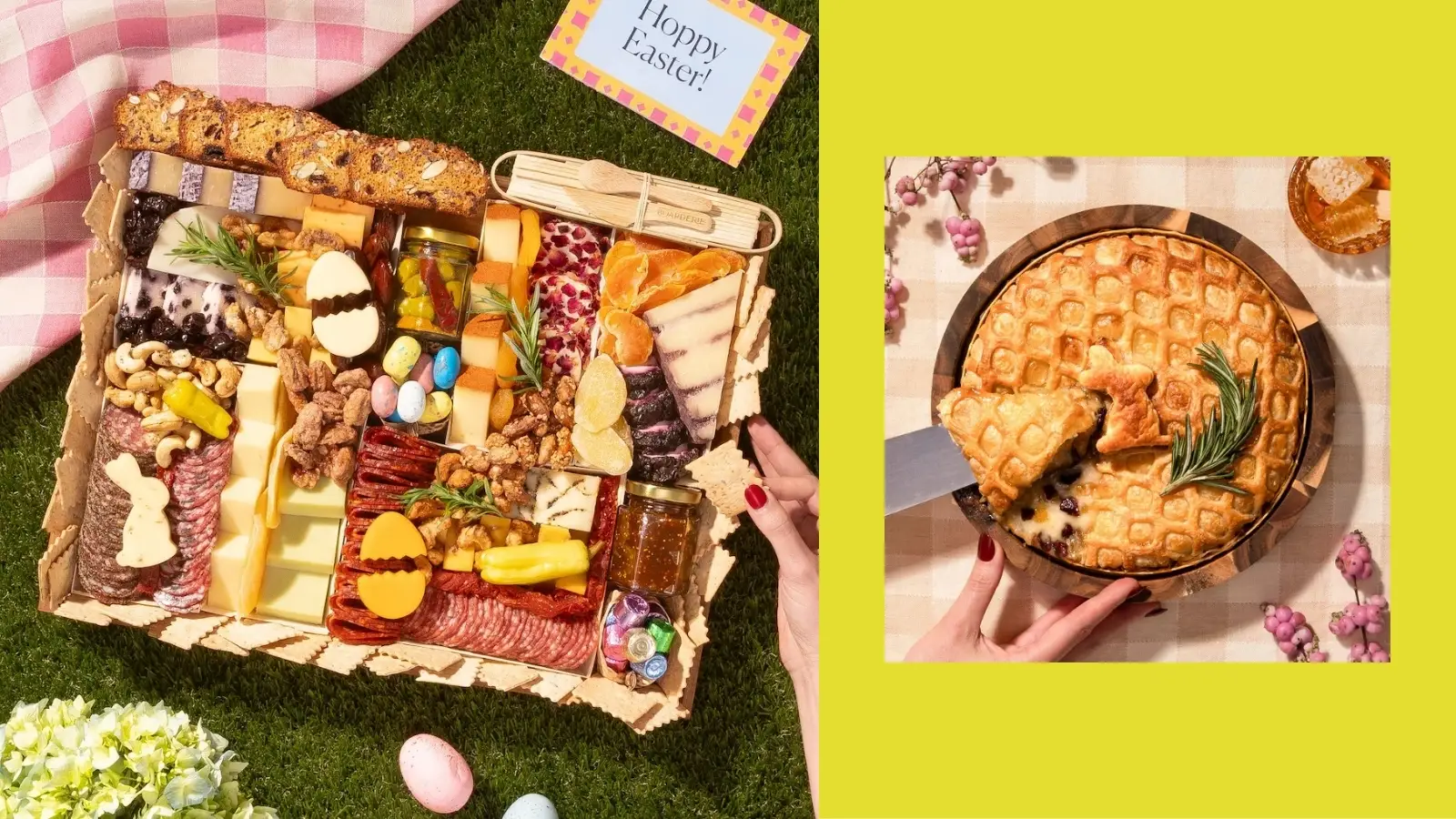 Boarderie Easter charcuterie board with artisan cheeses, meats, colorful treats and bunny details alongside baked brie centerpiece