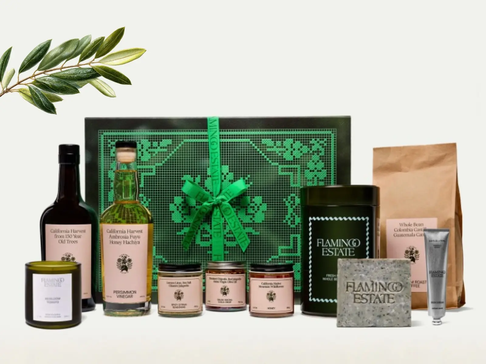 Beautiful green gift box with Flamingo Estate gifts lined up