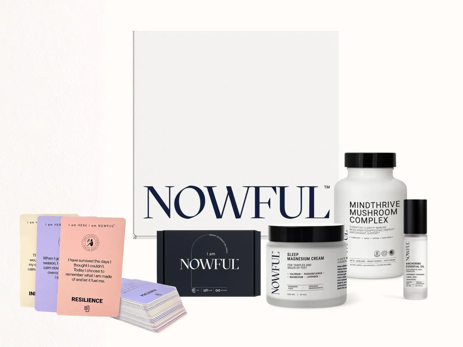 NOWFUL Wellness in Action Kit with colorful affirmation cards, essential oil roller, mushroom supplements, and magnesium sleep balm