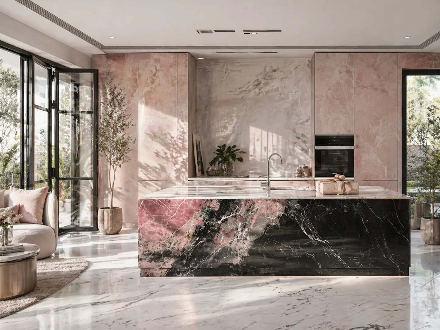 A beaitiful light kitchen room with pink marble and olive trees with a present on the table