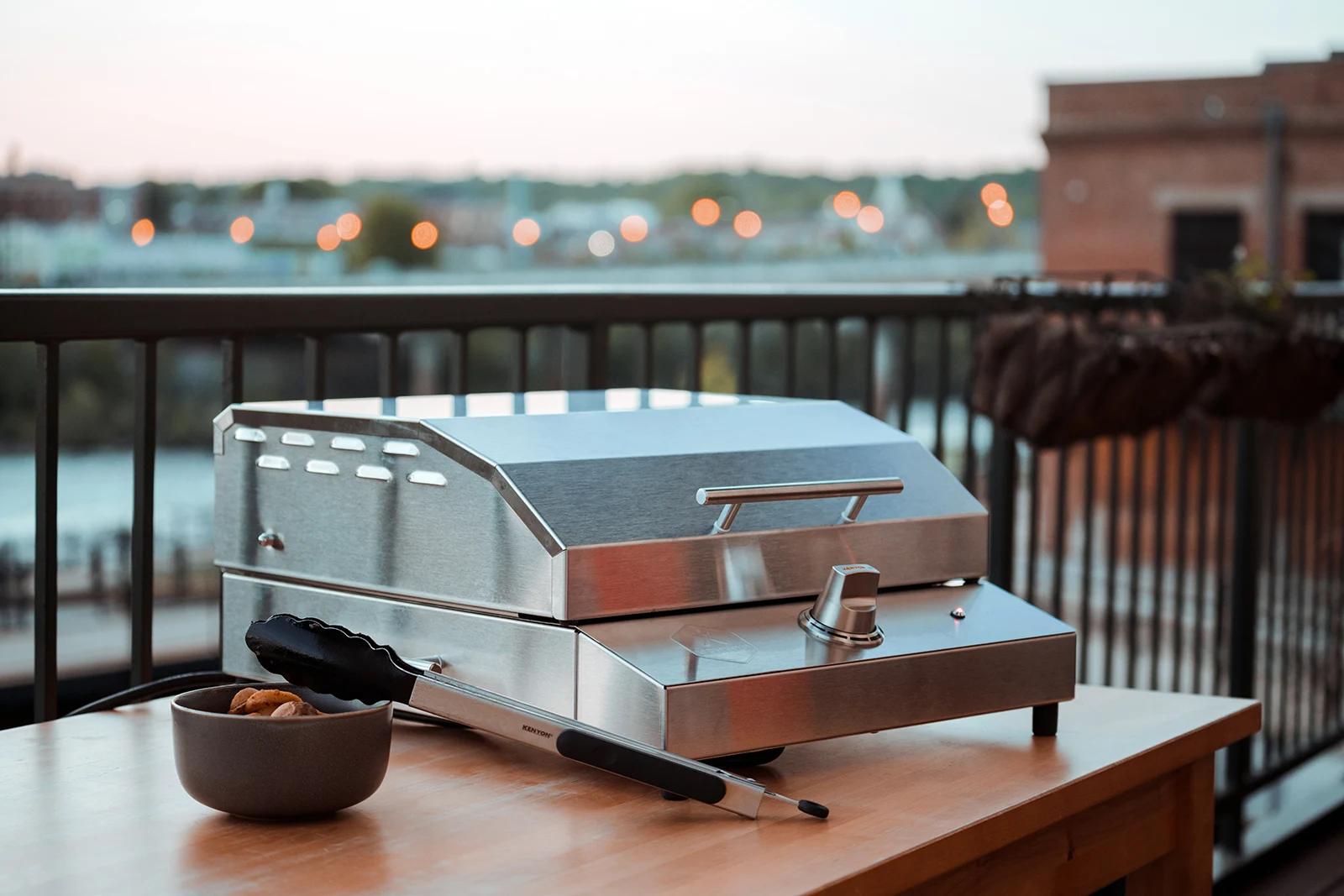 Kenyon G2 Grill smokeless electric grill in marine-grade stainless steel with lid open