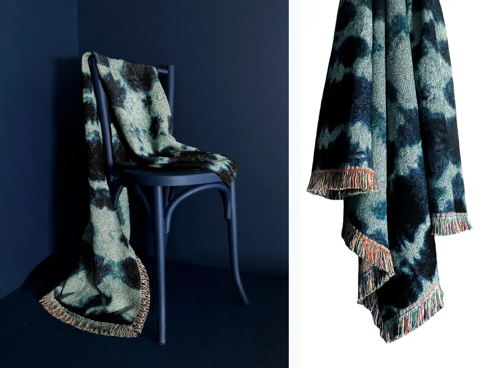 The Inkblot Throw, an indigo-toned jacquard woven with fringed edges A composition of cotton and recycled cotton, certified OEKO-TEX® STANDARD 100