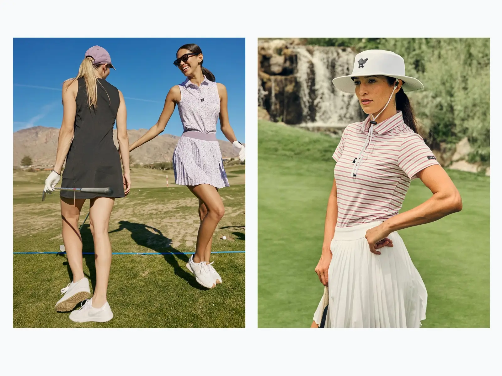 Womens Golf Outfits from Bad Birdie on a sunny day. Pink skort, black dress, and striped best seller polo