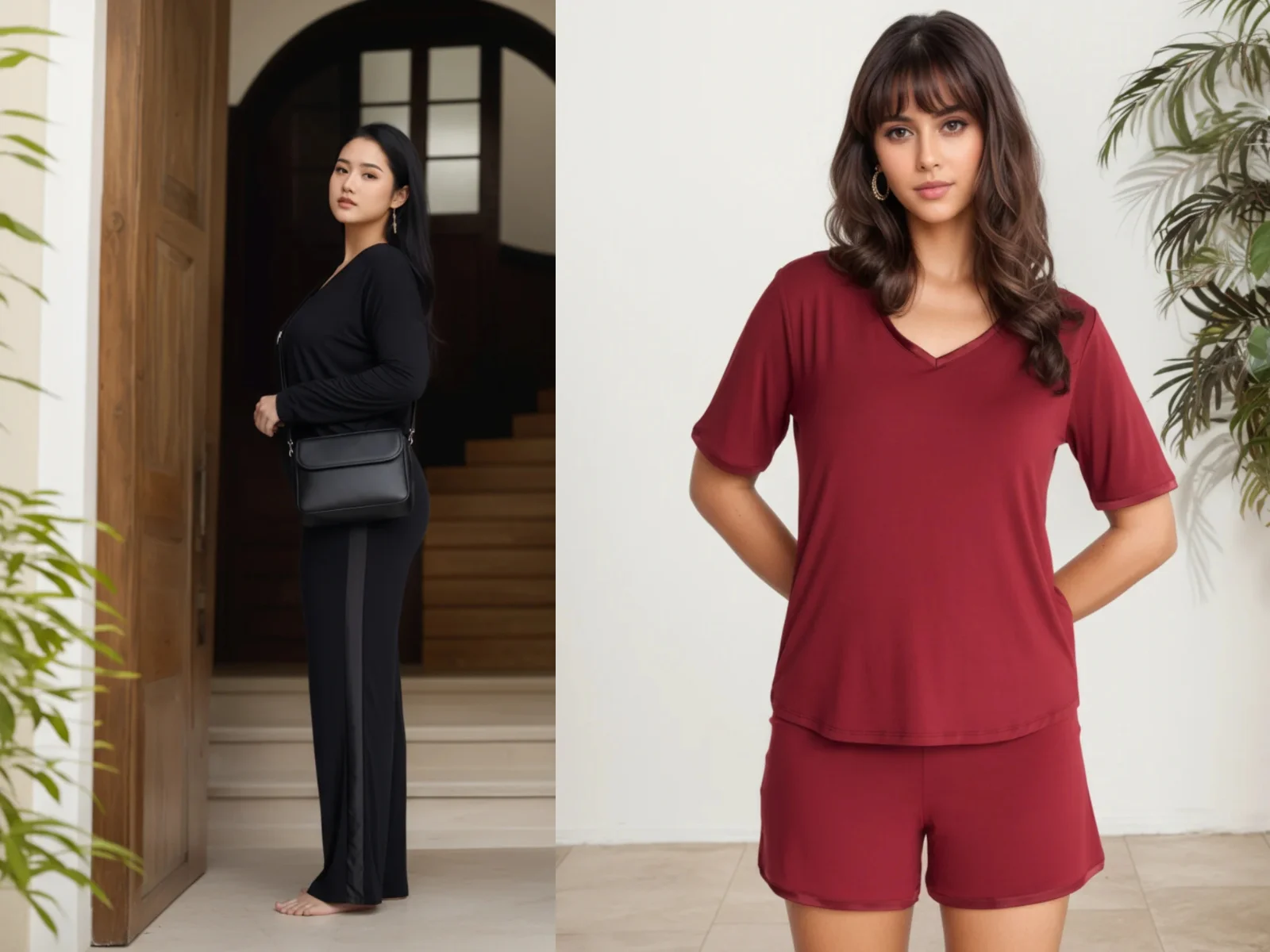 midnighties sleep and day wear (model with red shorts and model with long tuxedo midnighties)