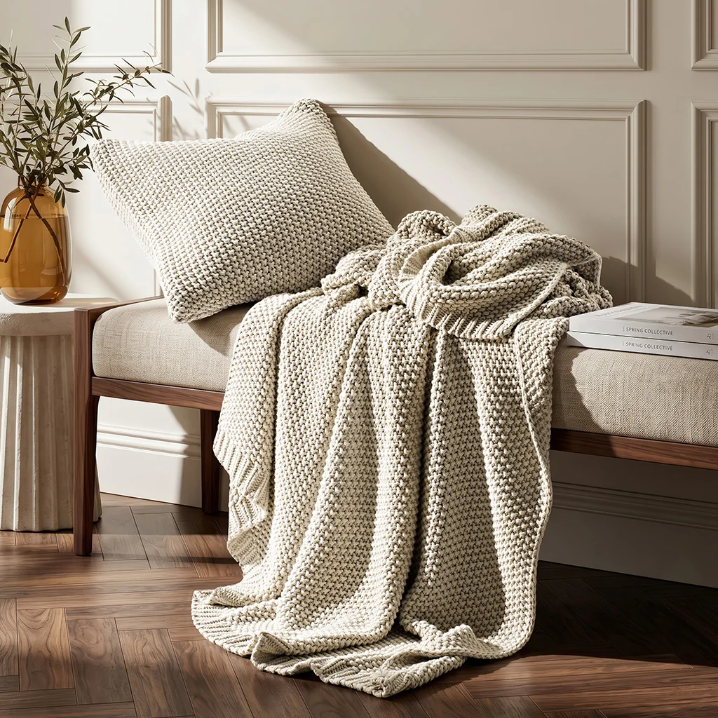 Organic Cotton Chunky Knit Throw Blanket on bench